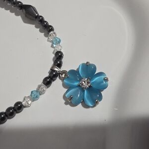 Blue Flower Bracelet Black Blue & Clear Crystal Beads Bold Pendant Bracelet